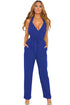 Sexy Blue Halter V Neck Zipped Front Jumpsuit